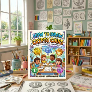 May include: A book titled How to Draw Crypto Coins featuring a colorful cover illustration of four children drawing at a table surrounded by floating cryptocurrency icons including Bitcoin, Ethereum, and Dogecoin, authored by Gregory Hilderbrand Jr.