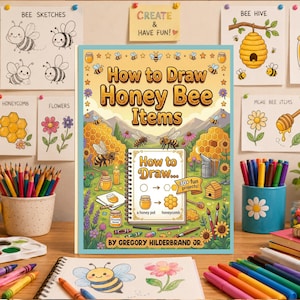 May include: A softcover instructional book titled How to Draw Honey Bee Items by Gregory Hilderbrand Jr. The cover features a colorful illustration of bees, honeycombs, flowers, and a central spiral-bound page showing drawing steps for a honey pot.
