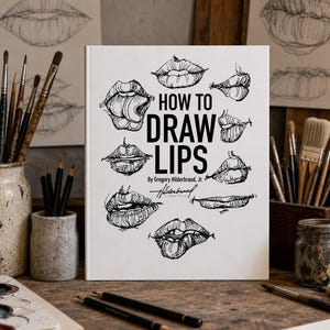 May include: A book titled "How to Draw Lips" by Gregory Hilderbrand Jr. is displayed on a wooden surface. The book cover features black and white illustrations of lips. Paintbrushes, pencils, and art supplies surround the book, suggesting an art or drawing theme.