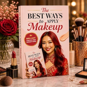 May include: A hardcover book titled The Best Ways to Apply Makeup featuring a portrait of a person with long red hair on the cover. The book is surrounded by various makeup products including brushes in a gold holder, lipstick, and eyeshadow palettes.