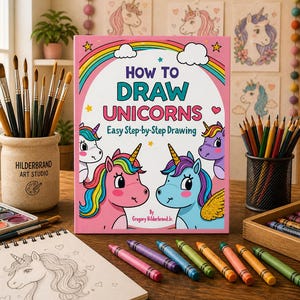 May include: A pink book titled "How to Draw Unicorns" with rainbow and unicorn illustrations. Art supplies, including paintbrushes, crayons, and coloured pencils, surround the book. A sketchbook with a unicorn drawing is also present.