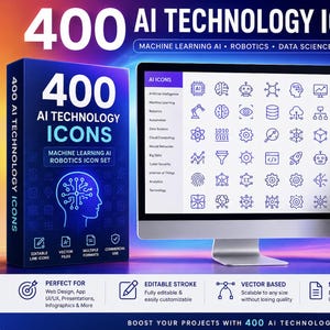 Puede incluir: Una caja de producto digital y un monitor de computadora que muestran una colección de 400 iconos de tecnología de IA. La caja azul y blanca presenta un gráfico de circuito cerebral y el texto 400 AI TECHNOLOGY ICONS. La pantalla muestra categorías.
