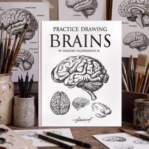 Puede incluir: Un libro blanco titulado "Practice Drawing Brains" con una ilustración detallada en blanco y negro de un cerebro. El libro está rodeado de materiales de arte, incluyendo pinceles, lápices y pintura. Diagramas anatómicos son visibles en el fondo.