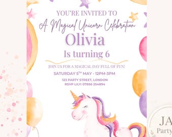 Unicorn Birthday Invitation, Patel Rainbow Invite, Editable Template (Digital Download)