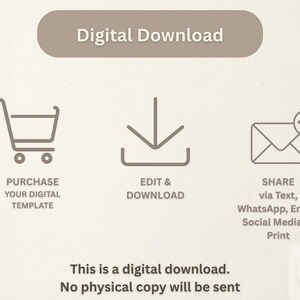 May include: Image promoting digital downloads. Features icons for purchasing, editing, and sharing via text, WhatsApp, email, social media, or print. Text reads, "This is a digital download. No physical copy will be sent."