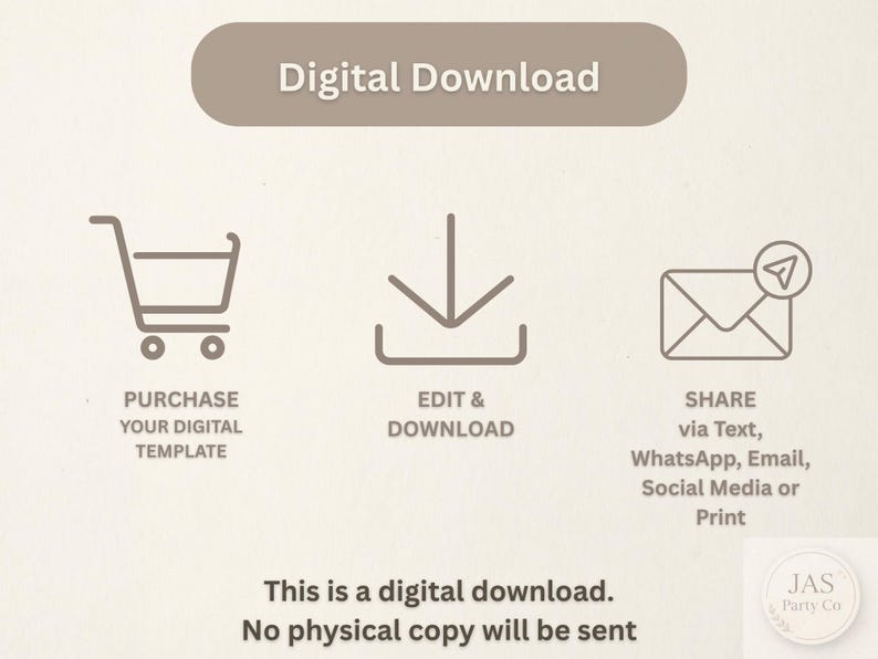 May include: Image promoting digital downloads. Features icons for purchasing, editing, and sharing via text, WhatsApp, email, social media, or print. Text reads, "This is a digital download. No physical copy will be sent."