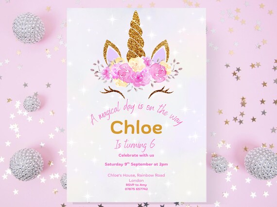 Unicorn Birthday Invitation, Girls Magical Party Invite, Editable Template (Digital Download)