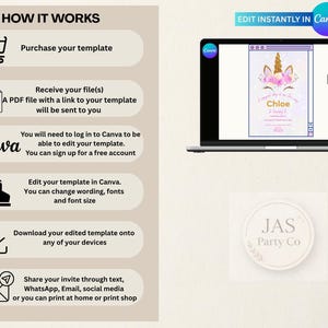 May include: A laptop screen shows a unicorn invitation template, editable in Canva. The image includes instructions: purchase, receive a PDF, edit in Canva, download, and share. A JAS Party Co logo is also visible.