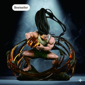 May include: A detailed figurine of a muscular character with long black hair, wearing a white tank top and green shorts. The figure is holding a glowing orb and is surrounded by a dark, swirling energy effect. The word "Bestseller" is in the top left corner.