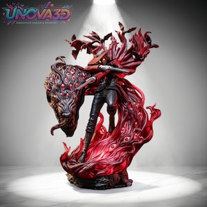 May include: A detailed figurine of a character in a red hat and coat, holding two silver pistols. The figure is surrounded by a swirling red mass featuring numerous red eyes and a large, dark, multi-eyed creature head. The base is dark and textured.