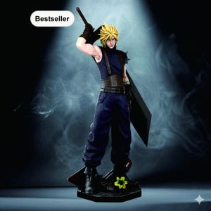 May include: A figurine of a character with spiky blonde hair, wearing a dark blue outfit, and holding a large black sword. The figurine is standing on a black base with a yellow flower. The word "Bestseller" is in a white oval.