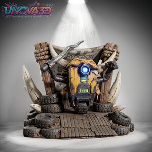 May include: A yellow and dark gray robot figurine with a single glowing blue eye, holding a curved blade. It stands on a base of stacked black tires and wooden planks, with large white tusks and a banner featuring the text HYPERION in the background.
