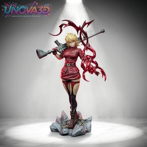 May include: A blonde character figurine in a red military-style uniform, holding a long rifle over the shoulder. The figure stands on a rocky base with scattered bullet casings, surrounded by swirling translucent red energy effects and a logo.