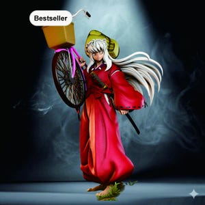 Puede incluir: Figura detallada de un personaje de anime con una túnica roja, sosteniendo una bicicleta rosa con una cesta. La figura tiene pelo largo blanco y una espada. La palabra "Bestseller" está en un óvalo blanco.