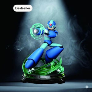 Può includere: Una statuetta d'azione blu e verde acqua di un personaggio della serie di videogiochi Mega Man X. La statuetta è in posa dinamica, con un effetto di energia verde che emana dalla sua mano. La base è nera con dettagli verdi e la parola "Bestseller" è in alto a sinistra.