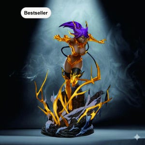 May include: A detailed figurine of a female anime character with purple hair and gold armor. The figure is posed dynamically, with a base of rock and golden energy effects. The word "Bestseller" is in a white oval in the top left corner.