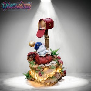 May include: A white cat-like creature with a blue cap and a gold sphere floating above its head, resting in a red satchel. The scene includes a red mailbox on a wooden post, scattered letters, green foliage, and a glowing rock base.