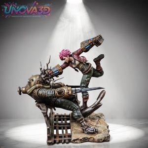 May include: A detailed 3D printed figurine depicting a dynamic combat scene between two characters. One character with short pink hair wears a red jacket and large mechanical gauntlets, while the other is a metallic, armored figure with a spiked head.