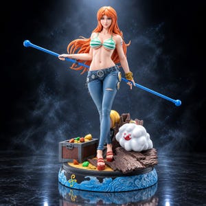 May include: A detailed anime-style figurine of a woman with long orange hair, wearing a green and white striped bikini top and blue jeans. She holds a long blue staff. The base features a treasure chest, gold coins, and a white cloud character.