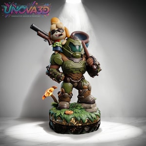 May include: A multi-colored figurine featuring a green armored soldier carrying a brown rifle and a net, with a small yellow dog character wearing sunglasses and a green shirt perched on the soldier's shoulder, standing on a grassy base.