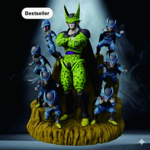 May include: A detailed figurine set featuring a central character in green with black accents, surrounded by smaller figures in blue and black. The figures are posed on a textured, tan base. The word "Bestseller" is in a white oval in the top left corner.