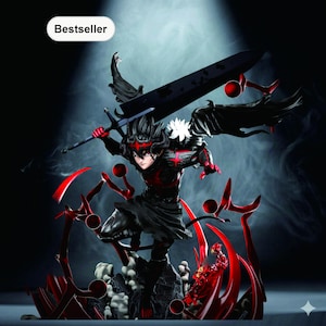 May include: A dynamic figurine of a character in a fighting stance, wielding a large black sword. The figure is predominantly black and red, with intricate details. The word "Bestseller" is in a white oval in the upper left corner. The base is a mix of red and gray.