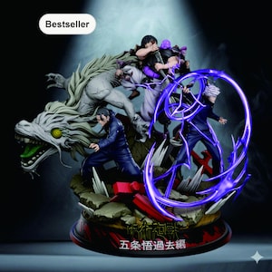 May include: A detailed figurine featuring multiple characters in dynamic poses, with a large dragon-like creature. The figures are in dark clothing, with vibrant purple energy effects. The base has Japanese text and a "Bestseller" label.