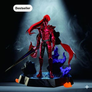 Peut inclure: Figurine rouge et noire d'un guerrier en armure, tenant une épée. La figurine a de longs cheveux roux et se tient sur une base détaillée avec des accents bleus et orange. Le mot "Bestseller" est dans un encadré blanc en haut à gauche.
