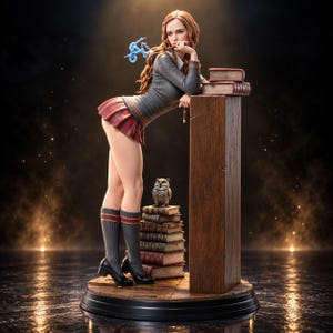 May include: A collectible figurine of a young woman with long brown hair, wearing a grey sweater, white collar, and maroon skirt. She stands beside a tall wooden pedestal with stacked books and a small owl figure, holding a wand with blue magic.