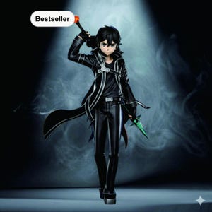 May include: A black action figure of a character with black hair, wearing a black outfit with a long coat and holding two swords. The figure has a determined expression and is posed dynamically. The word "Bestseller" is in a white oval.