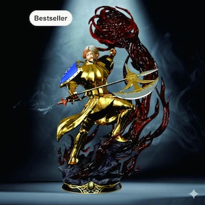 May include: A gold-coloured figurine of a knight in full armour, wielding a battle axe. The knight has a blue shield and is posed in a dynamic action stance. The base is dark with red accents, and the word "Bestseller" is in the top left corner.