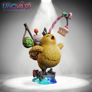May include: A yellow chick figurine wearing a black crown, standing on a wooden dock over blue water. It carries a staff with a green cabbage and a small cat-like creature, while holding a candy cane with a slice of strawberry cake attached.