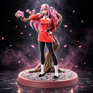 Puede incluir: Una figura de un personaje con largo cabello rosa y cuernos rojos, vistiendo un uniforme rojo con cuello blanco y leggings negros. El personaje sostiene una paleta azul. La figura se encuentra sobre una base de piedra frente a un árbol marrón.