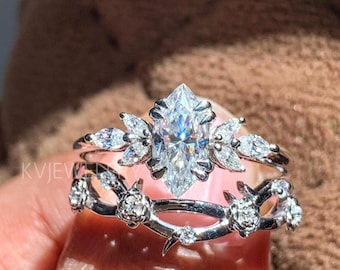 Marquise Wedding Set, Diamond Bridal Set For Her, Floral Infinity Matching Wedding Band, Marquise Ring Set, Engagement Ring Set,Cluster Ring