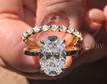 Solid Gold Solitaire Oval Moissanite Engagement Ring Set, Bubble Wedding Ring Set, Anniversary Gift For Woman, Double Ring, Bridal Sets,Gift