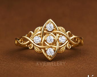 Celtic Knot Diamond Engagement Ring,Vintage Nature Inspired Leaf Ring,14K Gold Promise Ring,Unique Bridal Ring,Anniversary Gift For Wife