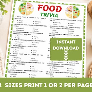 May include: A white paper sheet titled Food Trivia with a green border, featuring eighteen multiple-choice questions about food. The top includes two circular food group illustrations. A green rectangular overlay displays the text Instant Download.