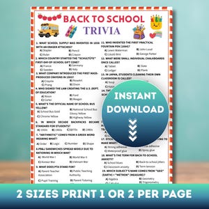 May include: A Back to School trivia game sheet with a red and white striped border, featuring illustrations of a yellow school bus, crayons, and a backpack. The text includes nineteen multiple-choice questions and a circular blue Instant Download badge.