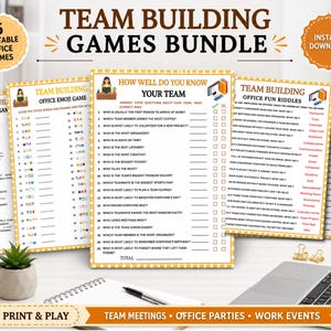 Puede incluir: Un paquete de cinco juegos de trabajo en equipo para oficina imprimibles que incluyen trivia, acertijos de emojis, adivinanzas y cuestionarios. Los documentos tienen fondos blancos con bordes amarillos y texto negro, incluyendo títulos como Team Building Games Bundle.