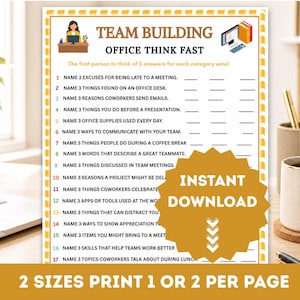 Op de afbeelding: Een wit papieren spelblad met de titel TEAM BUILDING OFFICE THINK FAST en een gele rand. Het bevat 17 genummerde opdrachten om drie items per categorie te benoemen. Een gouden sterfiguur toont INSTANT DOWNLOAD met pijlen eronder.