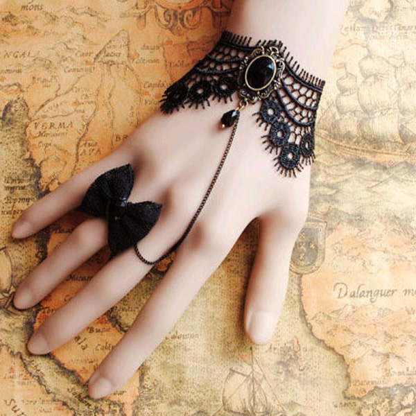 Gothic Victorian Lolita BLACK LACE bracelet w chain n BOW butterfly bead ring Costume Party ,br3