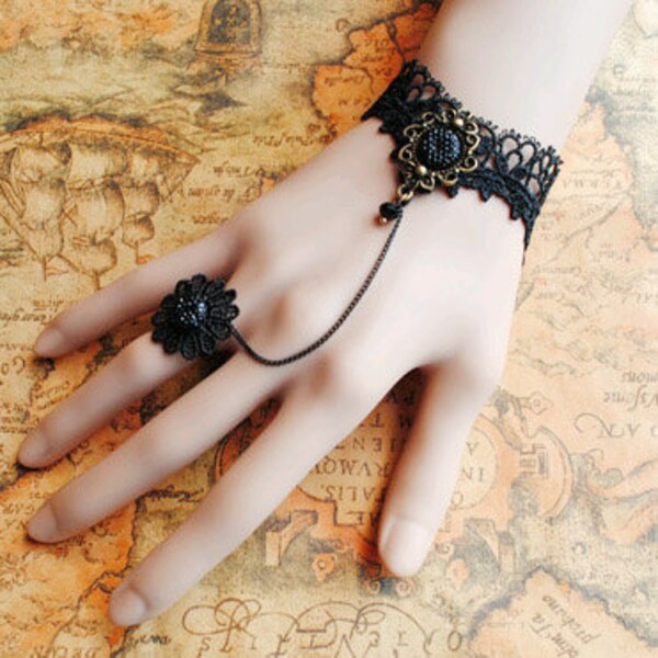 Gothic Victorian Lolita BLACK LACE bracelet BLACK flower w chain n flower ring Costume Party Vampire Style Black Friday  Cyber Monday