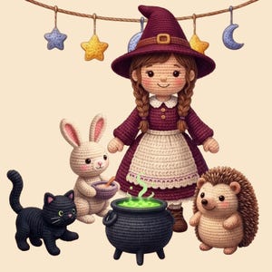 Puede incluir: Una muñeca de ganchillo vestida de bruja con vestido y sombrero morados, junto a un caldero negro con líquido verde. La escena incluye un pequeño conejo color crema con un cuenco, un gato negro y un erizo marrón, con guirnaldas de estrellas.