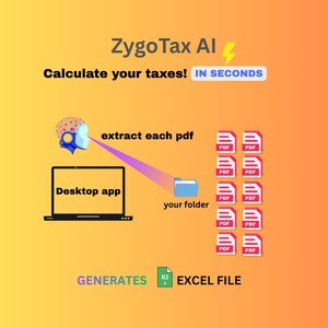 May include: An illustration with a gradient orange and yellow background. The image promotes ZygoTax AI, with text that reads "Calculate your taxes! IN SECONDS." A laptop labeled "Desktop app" is connected to a folder and PDF files. The image also states "GENERATES EXCEL FILE."