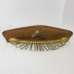 Vintage Mid Century Wooden Horse Head Tie Rack, Brass Loop Necktie Wall Hanger, Retro Equestrian Closet Organizer, Belt & Scarf Holder