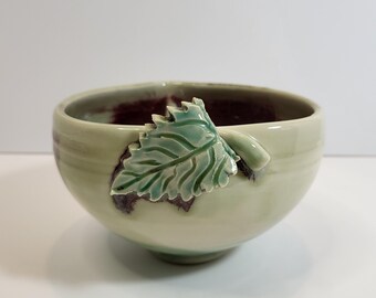 Vintage Studio Art Pottery Bowl, Green Leaf Accent, Signed "S" 2000, Botanical Ceramic Vessel