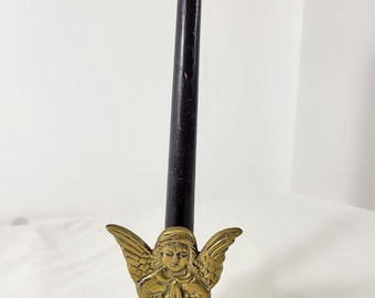 Vintage Solid Brass Praying Angel Panel Candle Holder | Heavy Brass Winged Angel Silhouette Taper Candlestick | Christmas Tabletop Decor