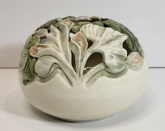 Jeanne Van Spijker Porcelain Luminary: Hand Carved Ginko Calla Lily Pottery Votive Holder