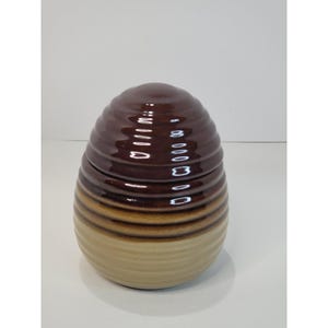 Vintage Beehive Ceramic Honey Pot Jar Two Tone Brown Drip Glaze with Lid 5in