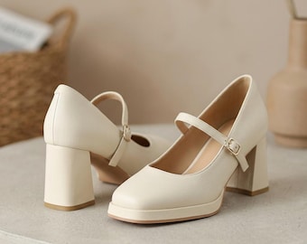 Zapatos elegantes de mujer con tacón grueso, estilo Mary Jane, punta cuadrada, piel de cordero y hebilla.